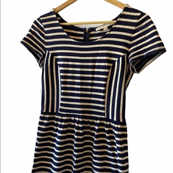 ANN TAYLOR Loft Navy&Tan Striped Tight Knit Dress - Picture 2 of 9